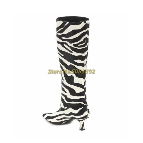 Zebra Pattern Knee High Medium Heel Boots - SASSY VANILLE