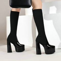 Knee High Boots Platform Square High Heel - SASSY VANILLE
