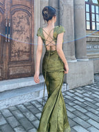 Diu Green Satin Backless Maxi Dress
